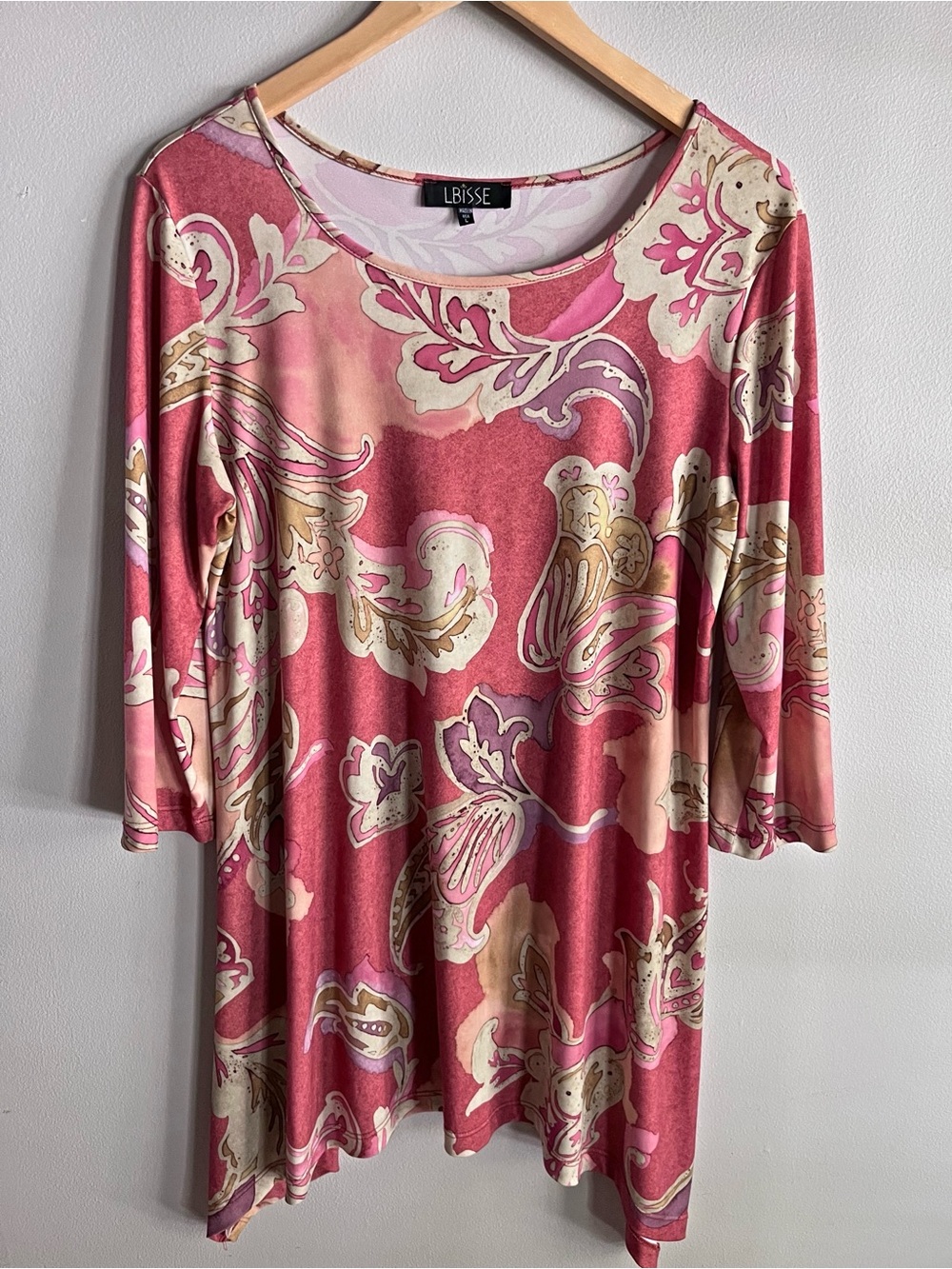 LBISSE Pink Floral Tunic Top 3/4 Sleeve Stretch Boho Casual USA L